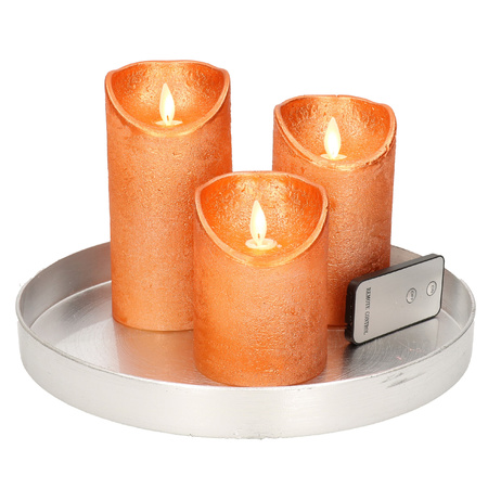 Round candle tray silver made of plastic D27 cm with 3 copper LED candles 10/12.5/15 cm