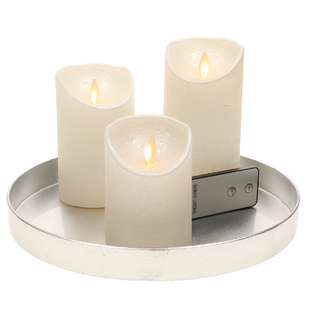 Round candle tray silver made of plastic D27 cm with 3 pearl white LED candles 10/12.5/15 cm