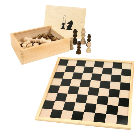 Schaakbord/dambord van hout 40 x 40 cm met schaakstukken in opbergkistje