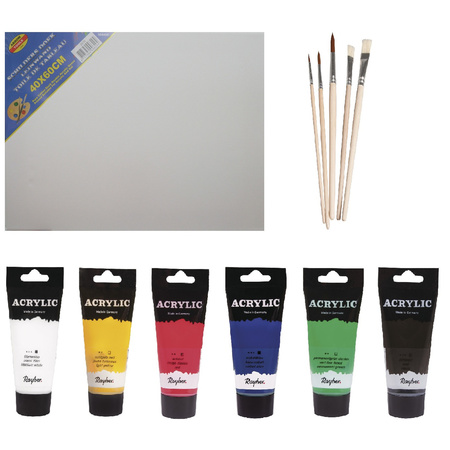 Painters set of 6x tubes acrylic paint 75 ml + brushes set + canvas 40 x 60 cm