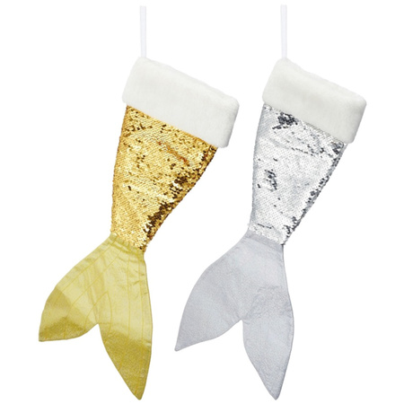 Set of 2x pieces Christmas decorations socks mermaids tail silver/gold 45 cm