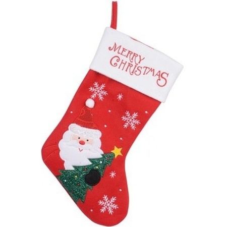 Set of 2x pieces red/white Christmas stocking deco with Santa embroidery 40 cm