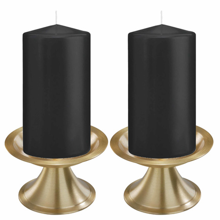 Set van 2x zwarte cilinderkaarsen/stompkaarsen 8 x 15 cm met 2x gouden kaarsenhouders