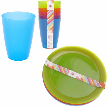 Set 6x colored plates and 6x cups plastic 