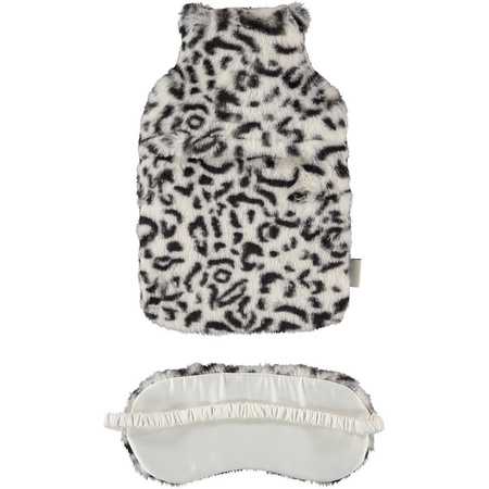 Fluffy cheetah/leopard print gift set eye mask and hot water bottle white