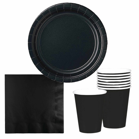 Table set color black 16x plates/16x drinkcups/20x napkins