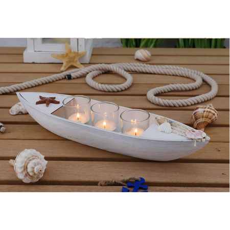 Candle holder white wooden boat 40 cm