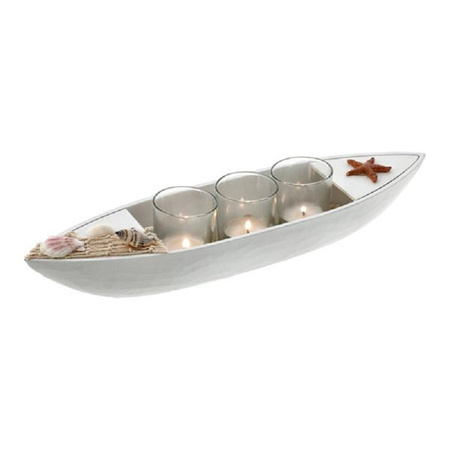 Candle holder white wooden boat 40 cm