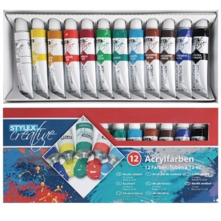 Acrylverf schilderset - 12x gekleurde tubes van 12 ml - met 10x schilderpenselen - kids/adults