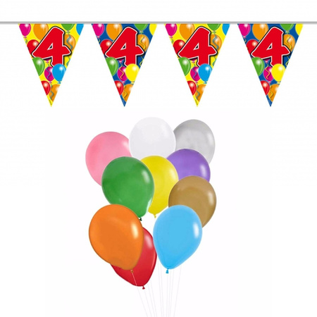 Verjaardag 4 jaar feest thema set 50x ballonnen en 2x leeftijd print vlaggenlijnen