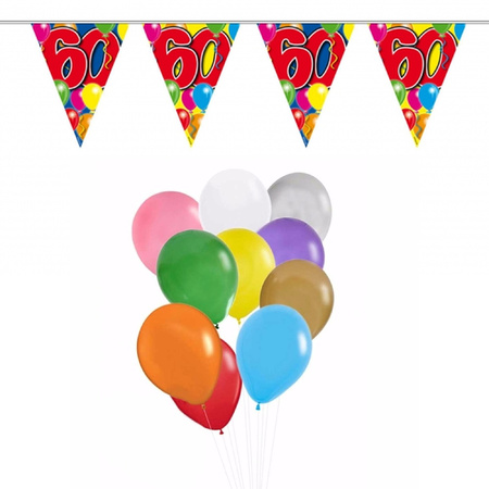 Verjaardag 60 jaar feest thema set 50x ballonnen en 2x leeftijd print vlaggenlijnen