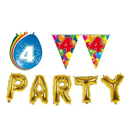 Verjaardag feestversiering 4 jaar PARTY letters en 16x ballonnen met 2x plastic vlaggetjes