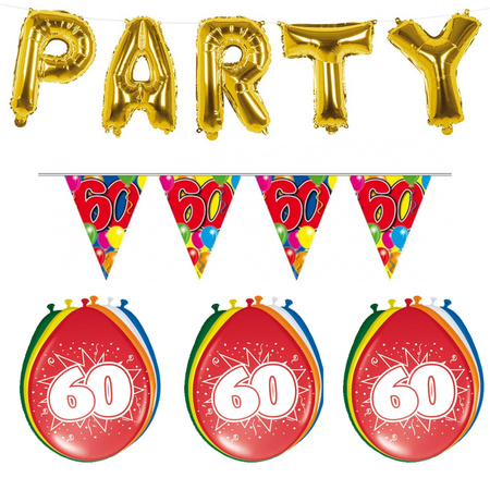 Verjaardag feestversiering 60 jaar PARTY letters en 16x ballonnen met 2x plastic vlaggetjes