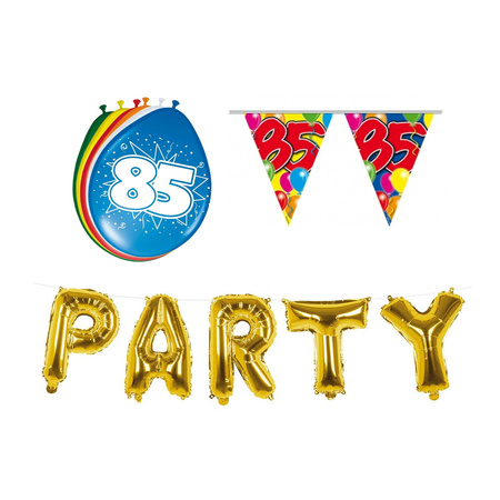 Verjaardag feestversiering 85 jaar PARTY letters en 16x ballonnen met 2x plastic vlaggetjes