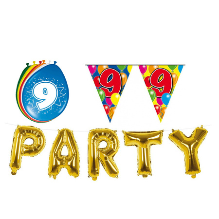 Verjaardag feestversiering 9 jaar PARTY letters en 16x ballonnen met 2x plastic vlaggetjes
