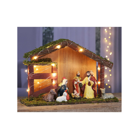 Complete nativity scene including 9 statues and light with background