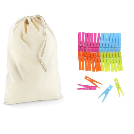 Clothespin bag with closing cord and 32x plastic clothespins