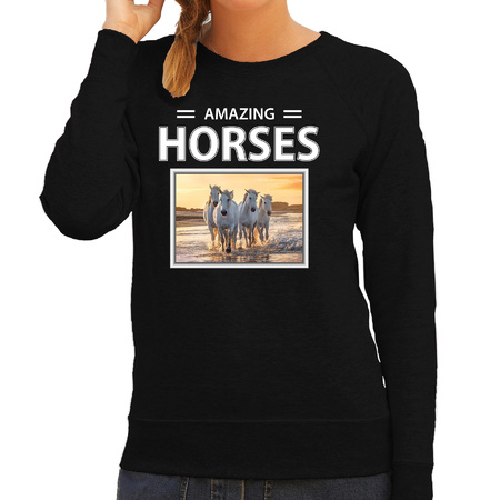 Witte paarden sweater / trui met dieren foto amazing horses zwart voor dames