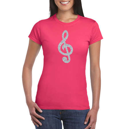 Zilveren muziek noot G-sleutel / muziek feest t-shirt / kleding roze dames