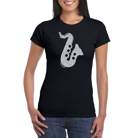 Zilveren saxofoon / muziek t-shirt / kleding zwart dames