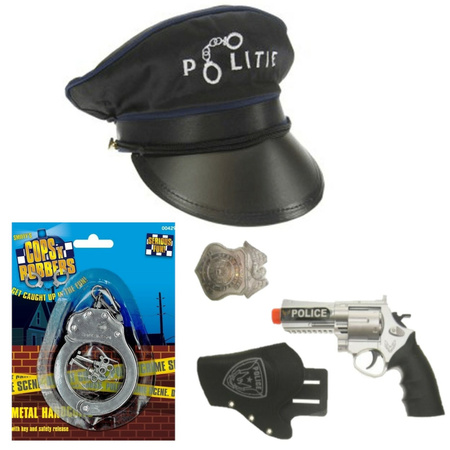 Black police cap for kids with gun/holster/badge/handcuffs